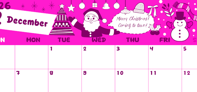 2026年12月横型日曜始まり サンタのイラストがかわいいA4無料ピンクのカレンダー(2026-00821200)