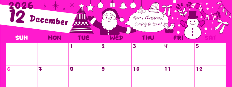 2026年12月横型日曜始まり サンタのイラストがかわいいA4無料ピンクのカレンダー(2026-00821200)