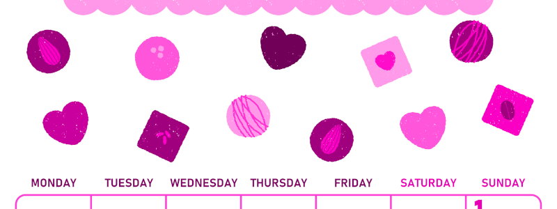 2026年2月縦型月曜始まり チョコのイラストがかわいいA4無料ピンクのカレンダー(2026-00830211)