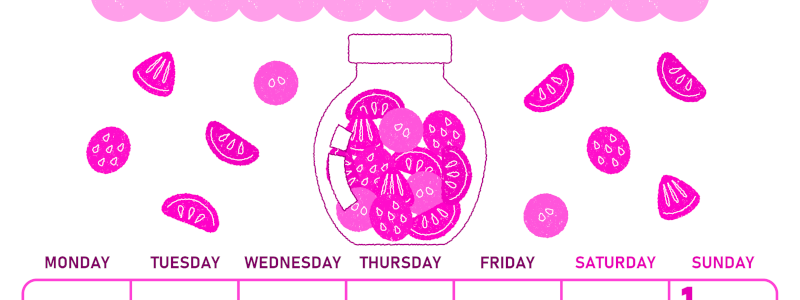 2026年3月縦型月曜始まり 果物イラストのかわいいA4無料ピンクのカレンダー(2026-00830311)