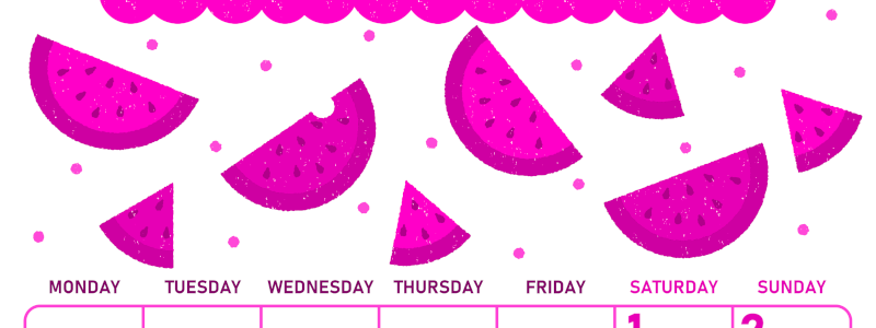 2026年8月縦型月曜始まり 季節の果物イラストのかわいいA4無料ピンクのカレンダー(2026-00830811)