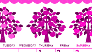 2026年10月縦型月曜始まり リンゴの木イラストのかわいいA4無料ピンクのカレンダー(2026-00831011)