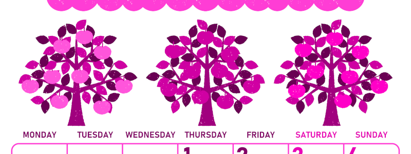 2026年10月縦型月曜始まり リンゴの木イラストのかわいいA4無料ピンクのカレンダー(2026-00831011)