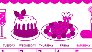 2026年12月縦型月曜始まり 御馳走イラストのかわいいA4無料ピンクのカレンダー(2026-00831211)