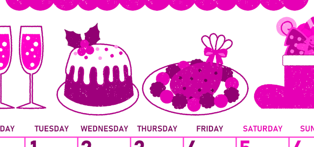 2026年12月縦型月曜始まり 御馳走イラストのかわいいA4無料ピンクのカレンダー(2026-00831211)