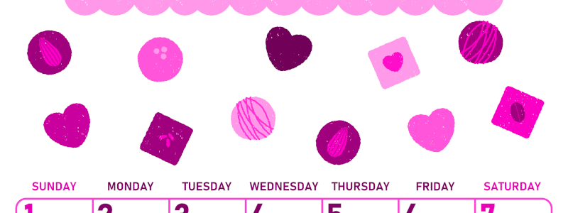 2026年2月縦型日曜始まり チョコのイラストがかわいいA4無料ピンクのカレンダー(2026-00830210)