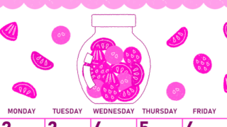 2026年3月縦型日曜始まり 果物イラストのかわいいA4無料ピンクのカレンダー(2026-00830310)