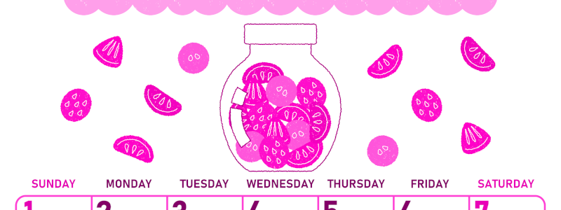 2026年3月縦型日曜始まり 果物イラストのかわいいA4無料ピンクのカレンダー(2026-00830310)