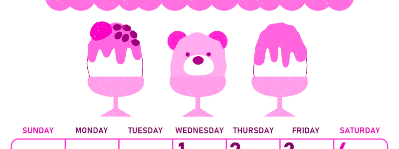 2026年7月縦型日曜始まり かき氷イラストのかわいいA4無料ピンクのカレンダー(2026-00830710)