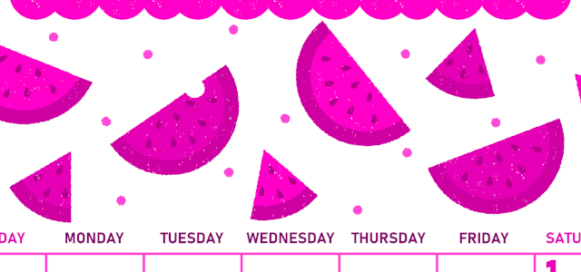 2026年8月縦型日曜始まり 季節の果物イラストのかわいいA4無料ピンクのカレンダー(2026-00830810)