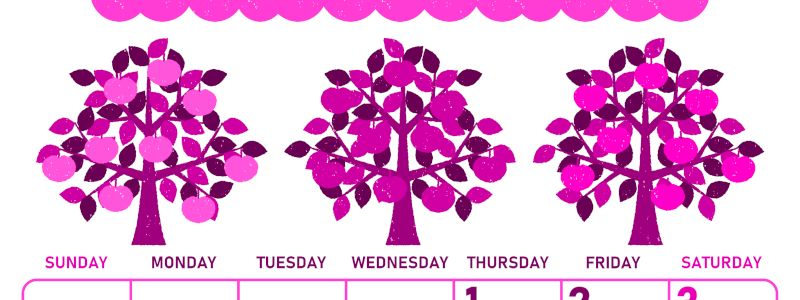 2026年10月縦型日曜始まり リンゴの木イラストのかわいいA4無料ピンクのカレンダー(2026-00831010)