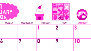 2026年1月横型月曜始まり ポップなお節イラストのかわいいA4無料ピンクのカレンダー(2026-00830101)
