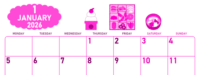 2026年1月横型月曜始まり ポップなお節イラストのかわいいA4無料ピンクのカレンダー(2026-00830101)