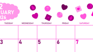 2026年2月横型月曜始まり チョコのイラストがかわいいA4無料ピンクのカレンダー(2026-00830201)