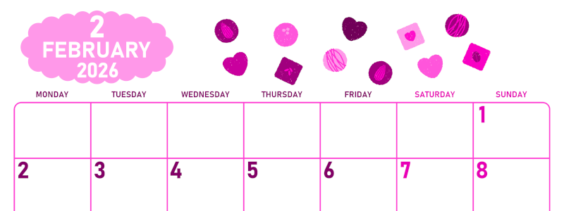 2026年2月横型月曜始まり チョコのイラストがかわいいA4無料ピンクのカレンダー(2026-00830201)