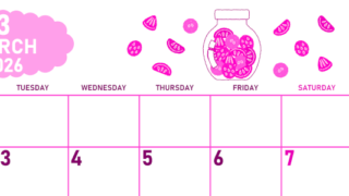 2026年3月横型月曜始まり 果物イラストのかわいいA4無料ピンクのカレンダー(2026-00830301)