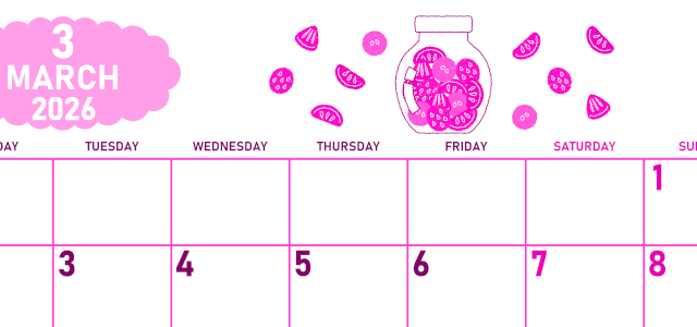 2026年3月横型月曜始まり 果物イラストのかわいいA4無料ピンクのカレンダー(2026-00830301)