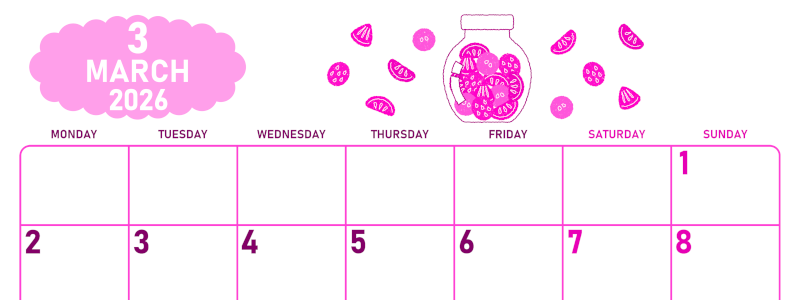 2026年3月横型月曜始まり 果物イラストのかわいいA4無料ピンクのカレンダー(2026-00830301)