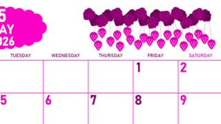2026年5月横型月曜始まり いちごイラストのかわいいA4無料ピンクのカレンダー(2026-00830501)