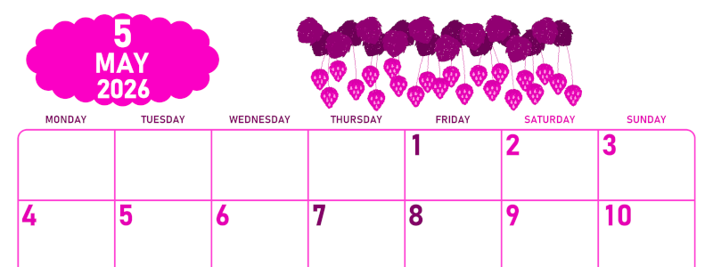 2026年5月横型月曜始まり いちごイラストのかわいいA4無料ピンクのカレンダー(2026-00830501)