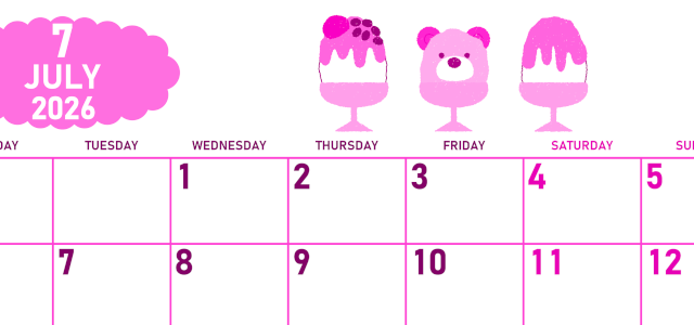 2026年7月横型月曜始まり かき氷イラストのかわいいA4無料ピンクのカレンダー(2026-00830701)