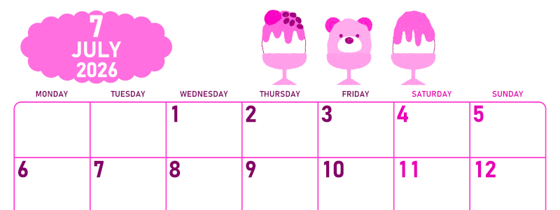 2026年7月横型月曜始まり かき氷イラストのかわいいA4無料ピンクのカレンダー(2026-00830701)