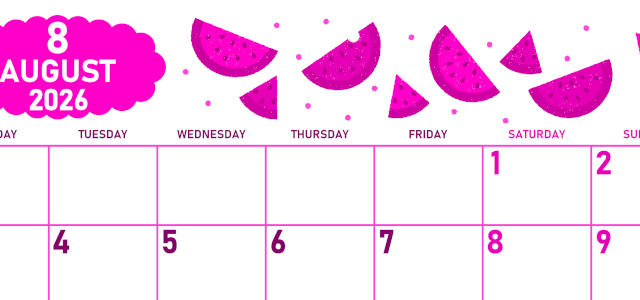 2026年8月横型月曜始まり 季節の果物イラストのかわいいA4無料ピンクのカレンダー(2026-00830801)