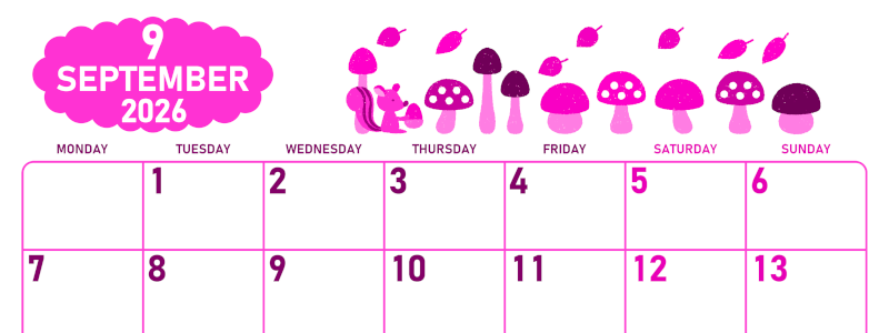 2026年9月横型月曜始まり 秋の季節イラストがかわいいA4無料ピンクのカレンダー(2026-00830901)