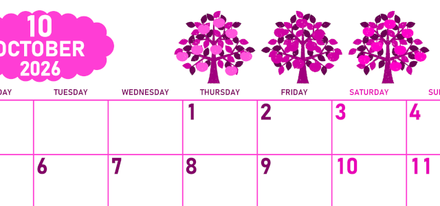 2026年10月横型月曜始まり リンゴの木イラストのかわいいA4無料ピンクのカレンダー(2026-00831001)