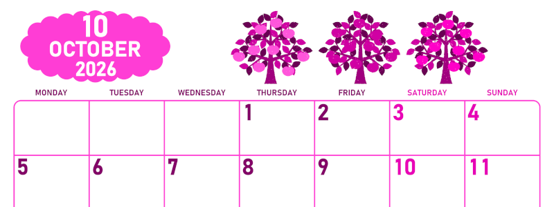 2026年10月横型月曜始まり リンゴの木イラストのかわいいA4無料ピンクのカレンダー(2026-00831001)