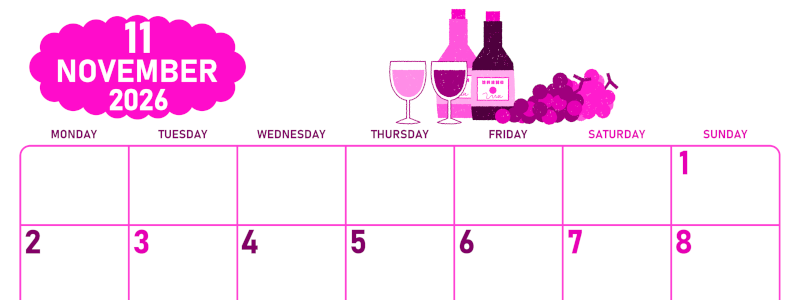 2026年11月横型月曜始まり ぶどうイラストのかわいいA4無料ピンクのカレンダー(2026-00831101)