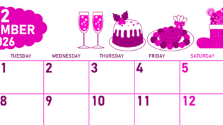 2026年12月横型月曜始まり 御馳走イラストのかわいいA4無料ピンクのカレンダー(2026-00831201)