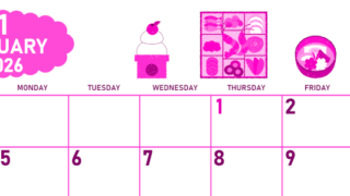 2026年1月横型日曜始まり お節イラストのかわいいA4無料ピンクのカレンダー(2026-00830100)