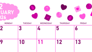 2026年2月横型日曜始まり チョコのイラストがかわいいA4無料ピンクのカレンダー(2026-00830200)