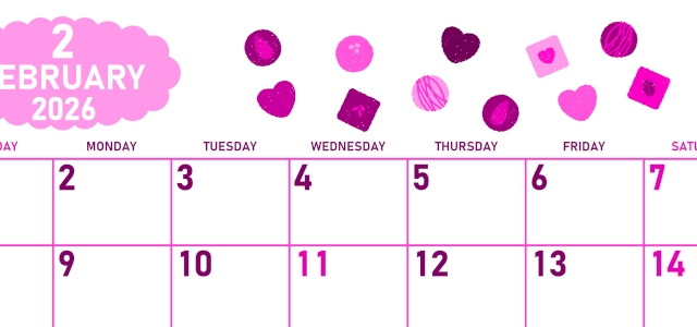 2026年2月横型日曜始まり チョコのイラストがかわいいA4無料ピンクのカレンダー(2026-00830200)