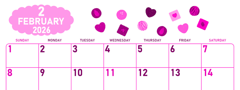 2026年2月横型日曜始まり チョコのイラストがかわいいA4無料ピンクのカレンダー(2026-00830200)