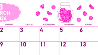 2026年3月横型日曜始まり 果物イラストのかわいいA4無料ピンクのカレンダー(2026-00830300)