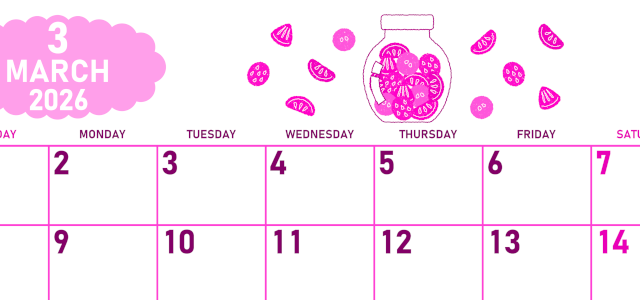 2026年3月横型日曜始まり 果物イラストのかわいいA4無料ピンクのカレンダー(2026-00830300)