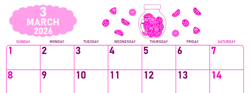 2026年3月横型日曜始まり 果物イラストのかわいいA4無料ピンクのカレンダー(2026-00830300)