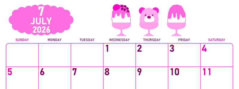 2026年7月横型日曜始まり かき氷イラストのかわいいA4無料ピンクのカレンダー(2026-00830700)