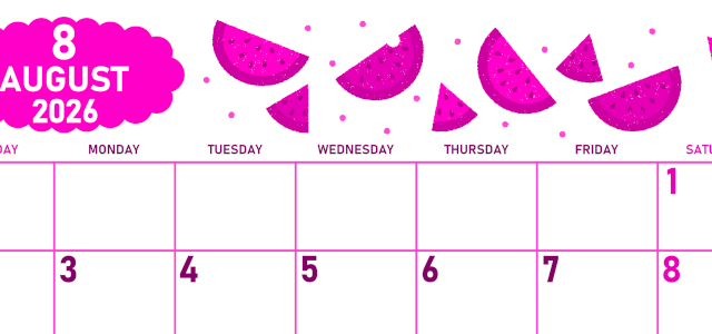 2026年8月横型日曜始まり 季節の果物イラストのかわいいA4無料ピンクのカレンダー(2026-00830800)