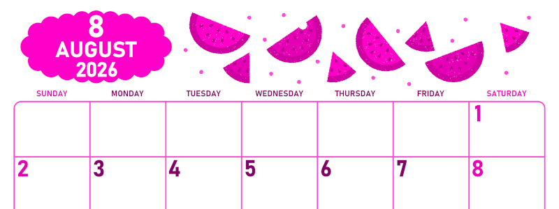 2026年8月横型日曜始まり 季節の果物イラストのかわいいA4無料ピンクのカレンダー(2026-00830800)