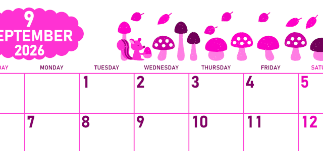 2026年9月横型日曜始まり 秋の季節イラストがかわいいA4無料ピンクのカレンダー(2026-00830900)