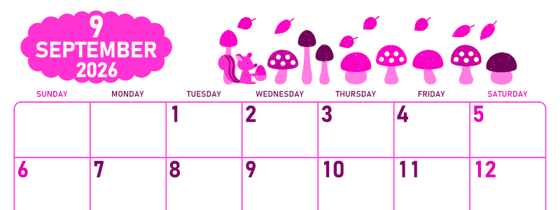2026年9月横型日曜始まり 秋の季節イラストがかわいいA4無料ピンクのカレンダー(2026-00830900)
