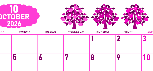 2026年10月横型日曜始まり リンゴの木イラストのかわいいA4無料ピンクのカレンダー(2026-00831000)