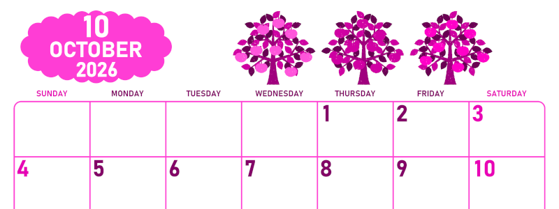 2026年10月横型日曜始まり リンゴの木イラストのかわいいA4無料ピンクのカレンダー(2026-00831000)