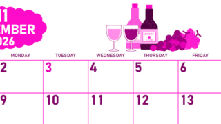 2026年11月横型日曜始まり ぶどうイラストのかわいいA4無料ピンクのカレンダー(2026-00831100)