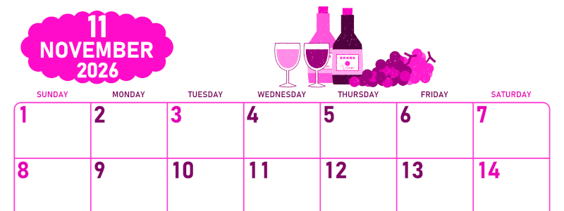 2026年11月横型日曜始まり ぶどうイラストのかわいいA4無料ピンクのカレンダー(2026-00831100)