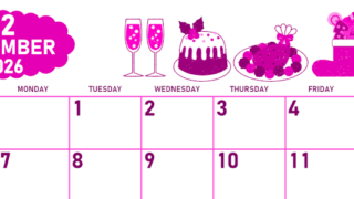 2026年12月横型日曜始まり 御馳走イラストのかわいいA4無料ピンクのカレンダー(2026-00831200)