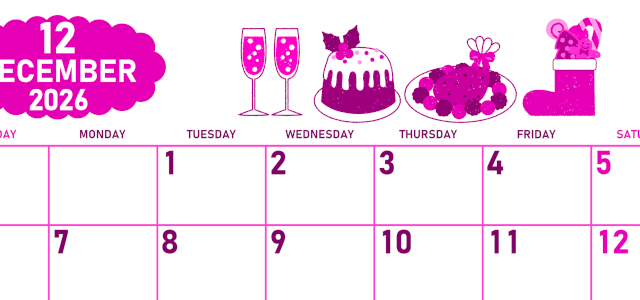 2026年12月横型日曜始まり 御馳走イラストのかわいいA4無料ピンクのカレンダー(2026-00831200)